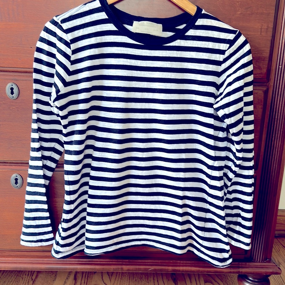 Zara TRAFALUC Long Sleeve Crew Neck T Shirt Navy / White Stripes
